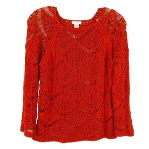 Chicos Rust Orange Open Knit Sweater Size S Long Sleeve Pullover Scallop Fan